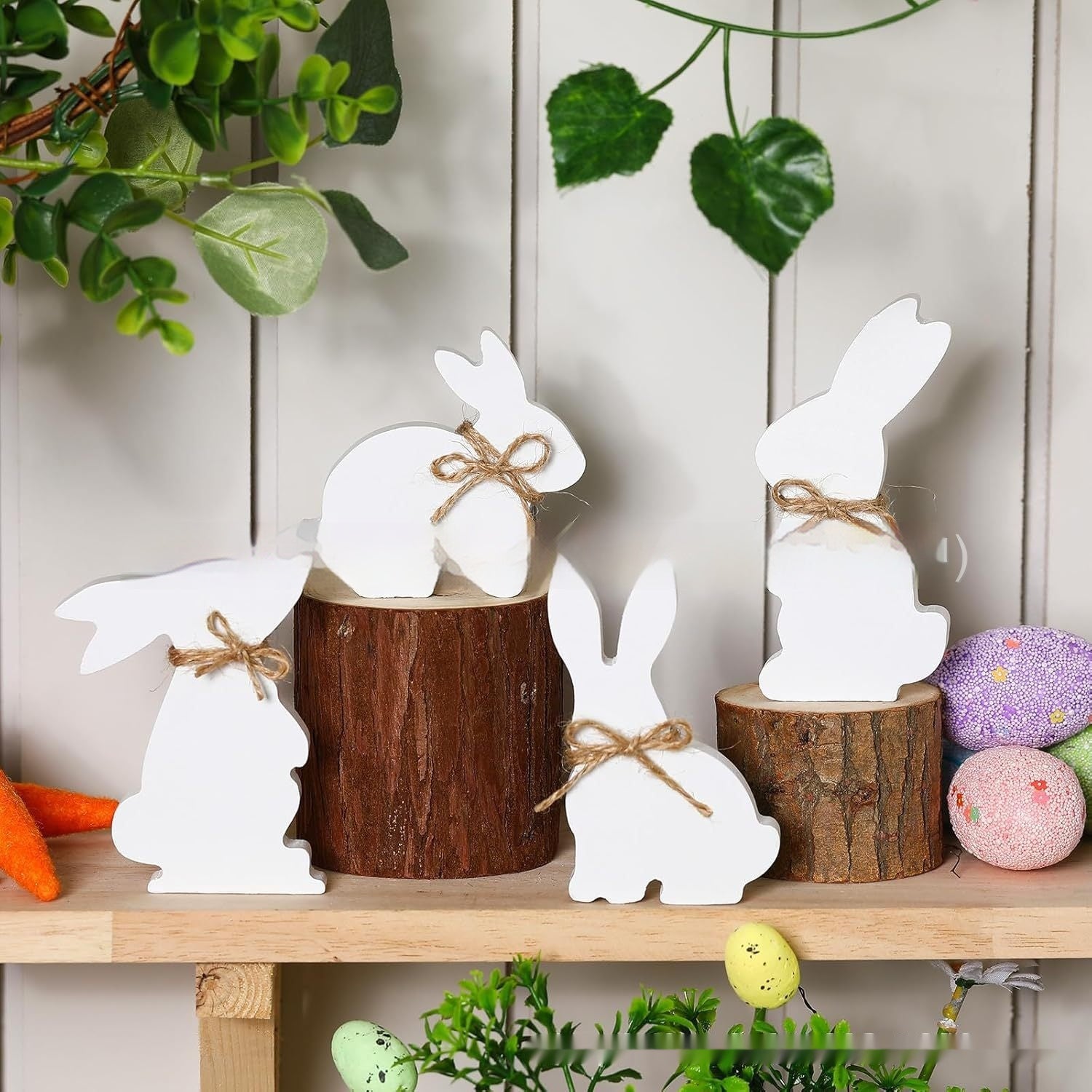 set of 4 wooden White bunny figurines Easter home decoration