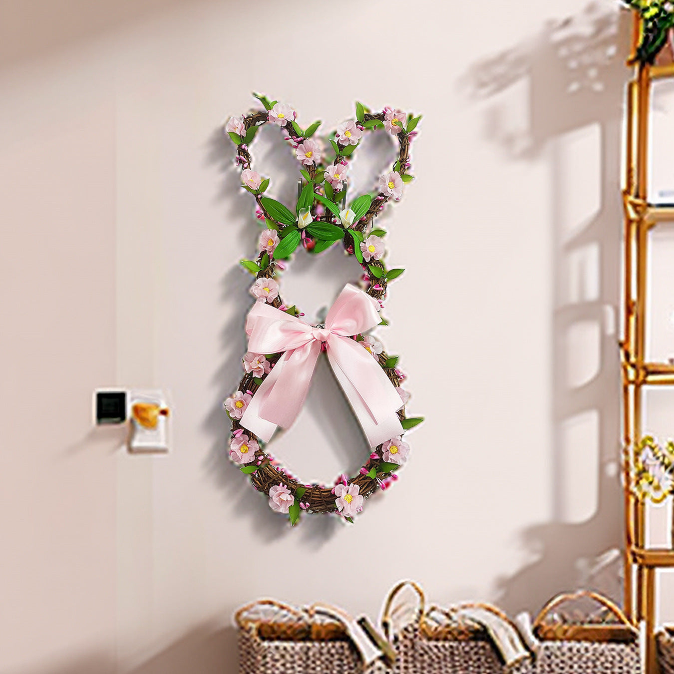 Bunny-Shaped Rattan Easter Wreath with Flowers & Berries