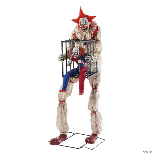 7 Ft Cagey the Clown w Clown Kid Animatronic Halloween Haunt Prop Circus Decor