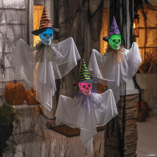 Set of 3 Lighted Skull Witch Ghost Trio Color Change Halloween Haunt Prop Spirit