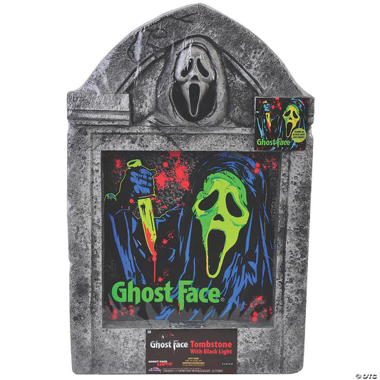 21" Ghost Face Tombstone w Black Light Grave Halloween Outdoor Haunt Decor Prop