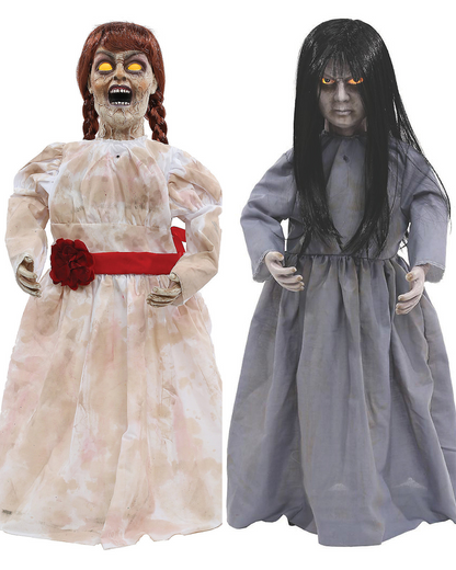 Set of 2 Haunted Dolls Animated Talking Halloween Decoration Evil Annabelle Prop