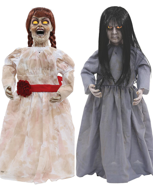 Set of 2 Haunted Dolls Animated Talking Halloween Decoration Evil Annabelle Prop