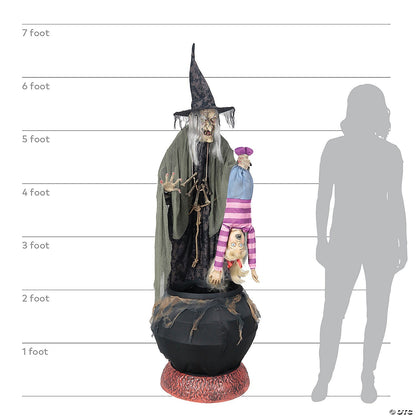 Life Size Stew Brew Witch w Fog Cauldron & Kid Animatronic Halloween Haunt Prop