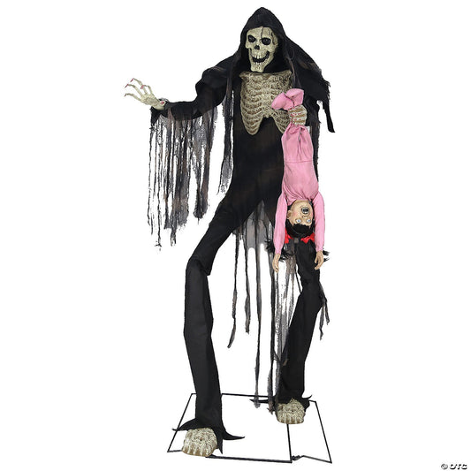 7 Ft Towering Boogey Man w Kid Animatronic Prop Haunted Halloween Skeleton