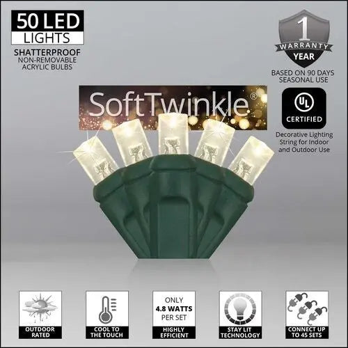 Soft Twinkle TM Animated Christmas Lights String Wide Angle Warm White LED 17'