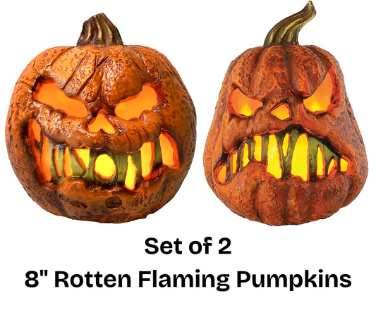 Set of 2 Rotten Flaming Pumpkin Animated Halloween Outdoor Decoration Haunt Prop