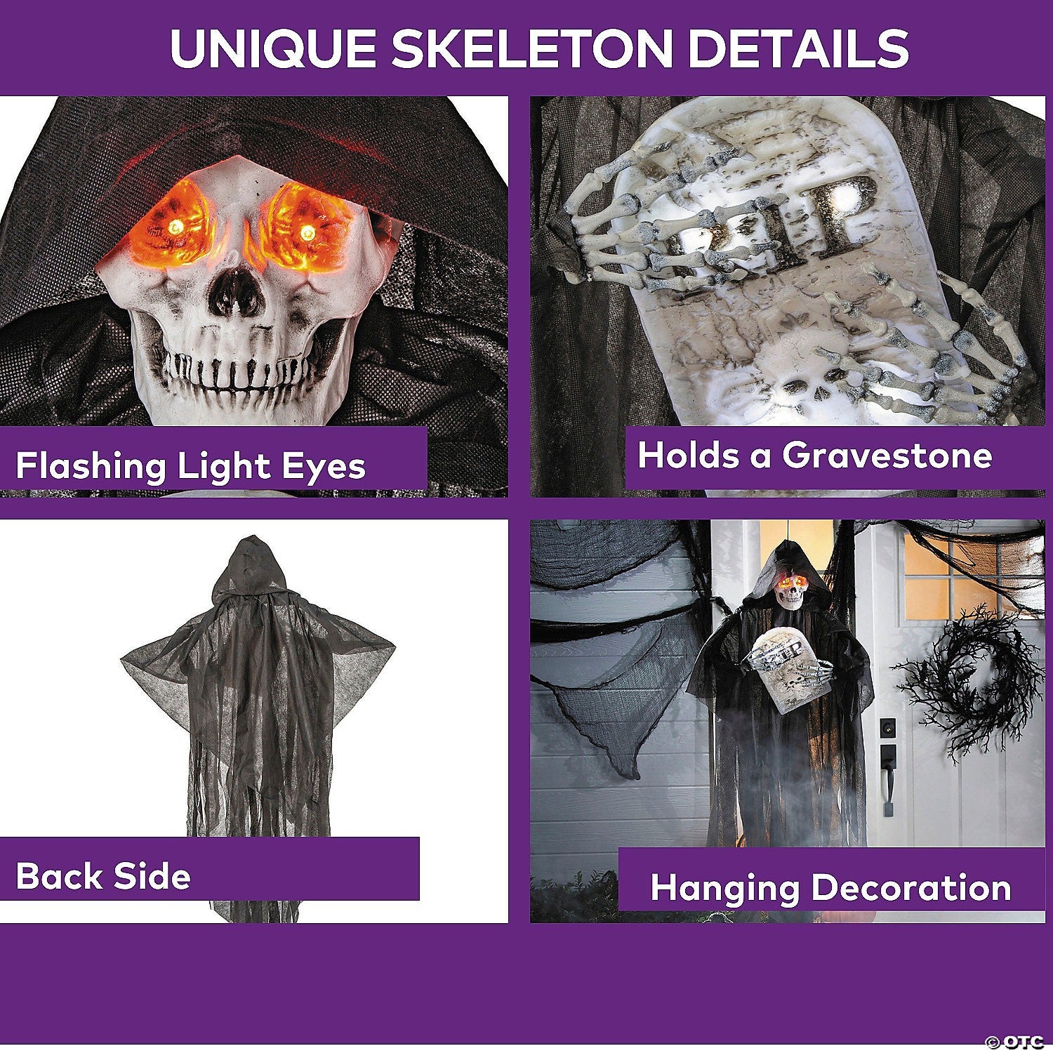 5.2 Ft Lighted Skeleton Reaper w Tombstone Outdoor Halloween Decoration Prop