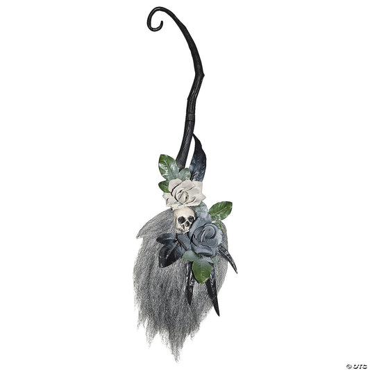 35" Hanging Broom Skull Roses Door Wall Halloween Home Decoration Haunt Porch