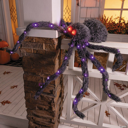 GIANT 4 Ft Lighted Fuzzy Black Spider Halloween Decoration Haunted Prop Spirit