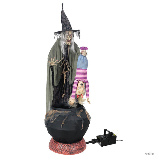 Life Size Stew Brew Witch w Fog Cauldron & Kid Animatronic Halloween Haunt Prop