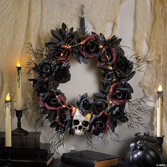 23" Skull Dead Roses Gothic Lighted Wreath Halloween Door Home Porch Decoration