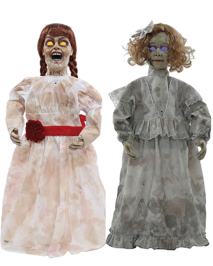 Set of 2 Haunted Evil Talking Dolls Animated Halloween Decor Prop Annabelle Doll