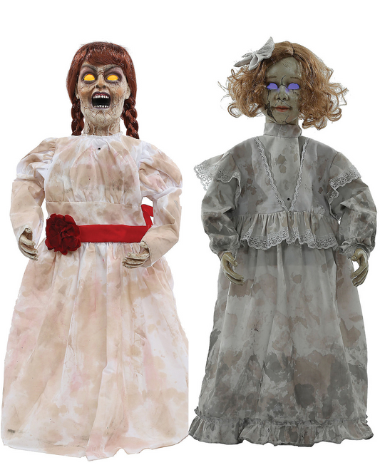 Set of 2 Haunted Evil Talking Dolls Animated Halloween Decor Prop Annabelle Doll