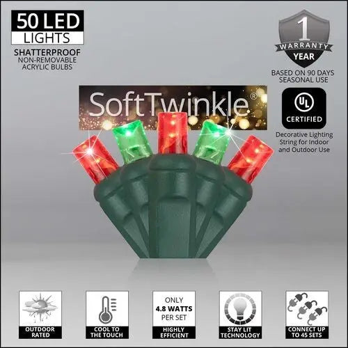Soft Twinkle TM Animated Christmas Lights String Wide Angle Red Green LED 17 Ft