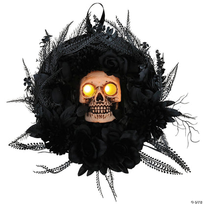 15" Skull & Feather Gothic Lighted & Sound Animated Wreath Halloween Door Decor