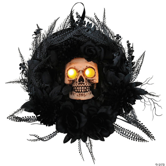 15" Skull & Feather Gothic Lighted & Sound Animated Wreath Halloween Door Decor