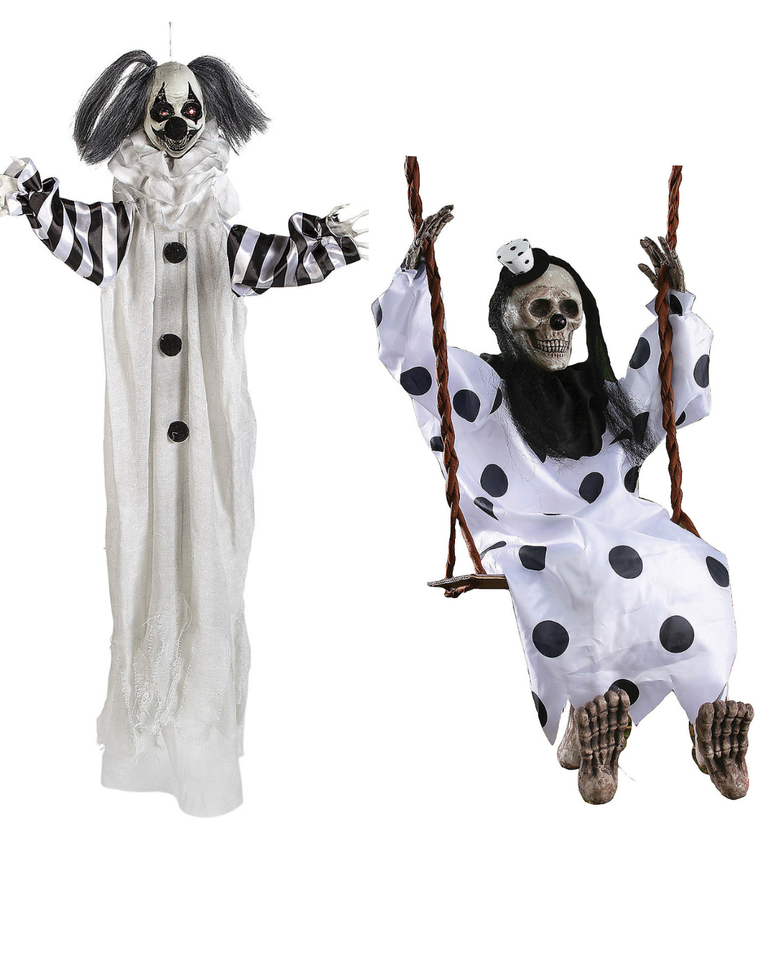 Set of 2 Killer Clown Animated & Skeleton on Swing Halloween Haunted Circus Prop