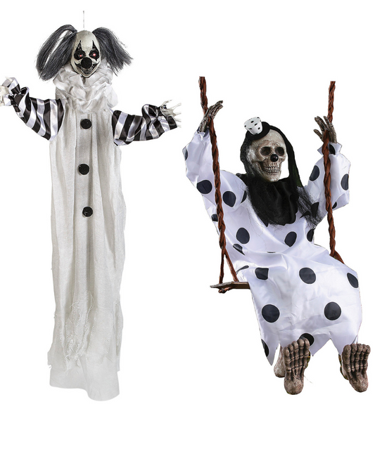 Set of 2 Killer Clown Animated & Skeleton on Swing Halloween Haunted Circus Prop