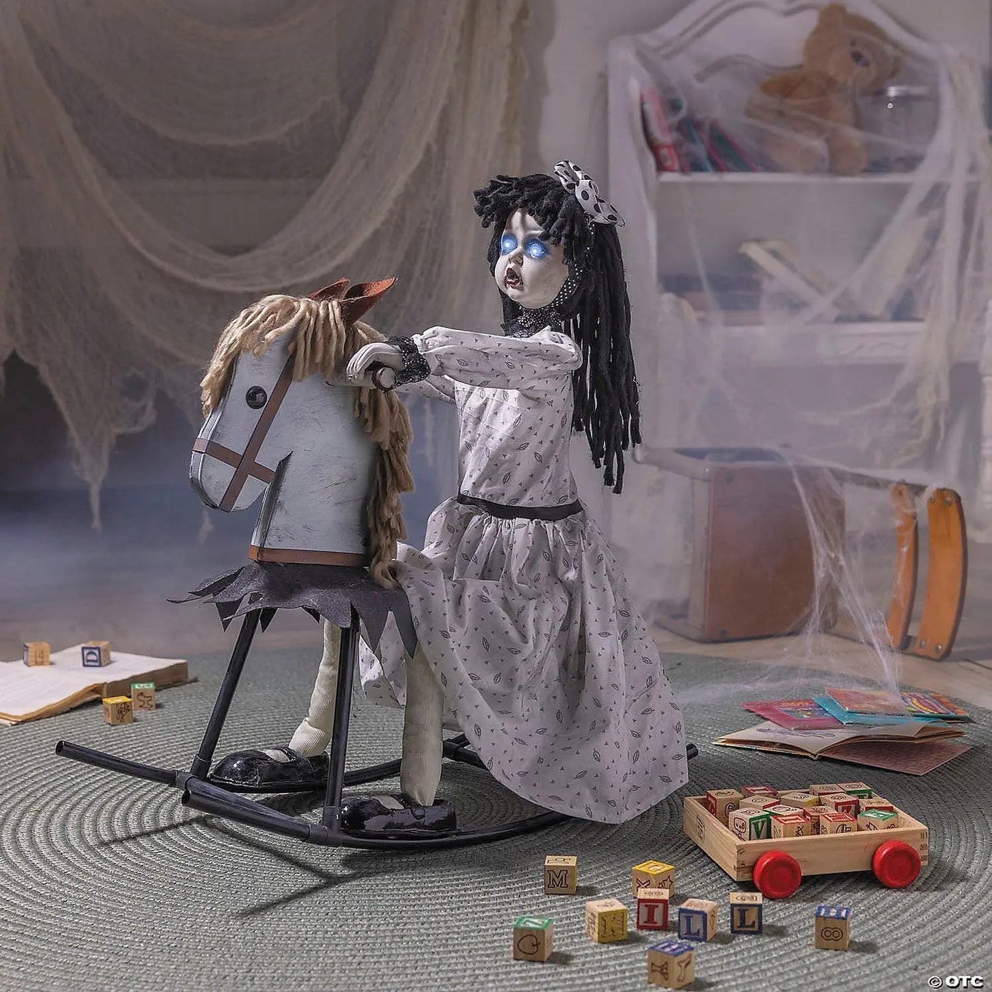 Life Size Rocking Horse with Haunted Girl Animated Halloween prop decoration