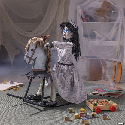Life Size Rocking Horse with Haunted Girl Animated Halloween prop decoration