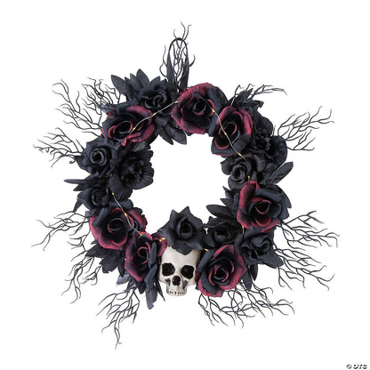 23" Skull Dead Roses Gothic Lighted Wreath Halloween Door Home Porch Decoration