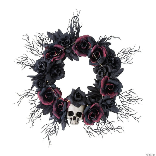 23" Skull & Dead Roses Gothic Lighted Wreath