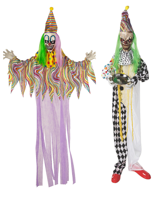 Set of 2 - Life Size Hanging Killer Clown Animated Halloween Haunted Circus Prop