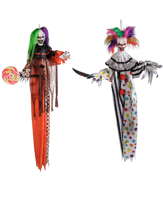Set of 2 Hanging Killer Clown Animated Halloween Haunt Prop Circus Carnival Yard