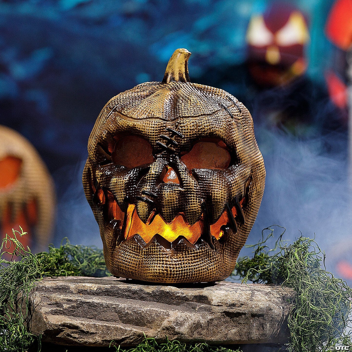 See Video! 10" Flaming Burlap Pumpkin Animated Halloween Decoration Haunt Prop