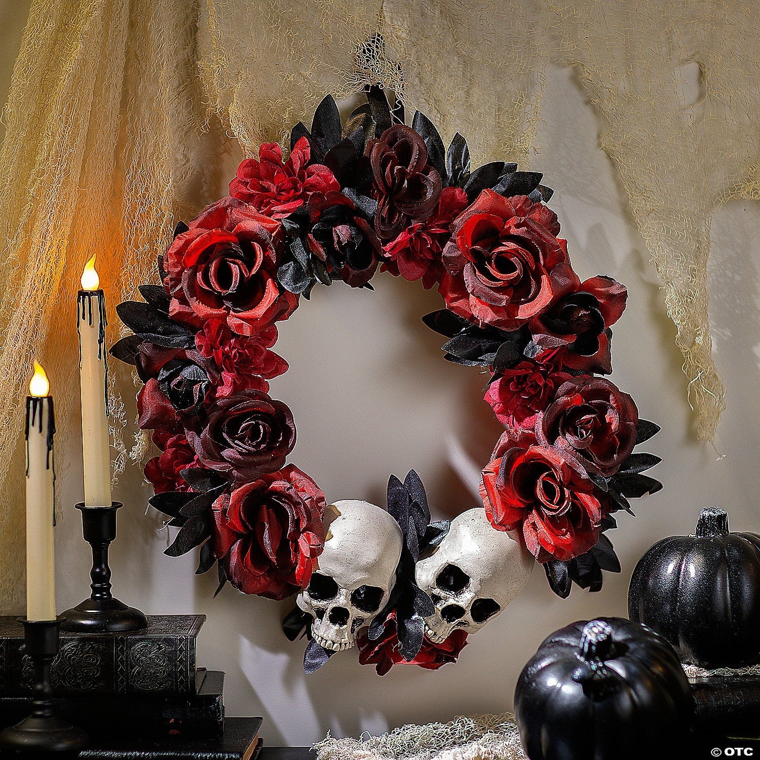 16" Skulls & Red Black Roses Wreath Outdoor Halloween Door Home Porch Decoration