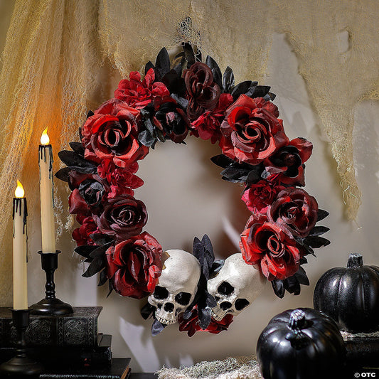 16" Skulls & Red Black Roses Wreath Outdoor Halloween Door Home Porch Decoration