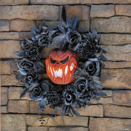 17" Jack 0' Lantern & Roses Lighted Wreath