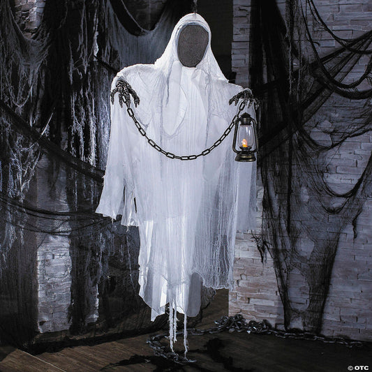 5 Ft Faceless Ghost w Lighted Lantern & Chain Halloween Haunt Prop Grave Spirit