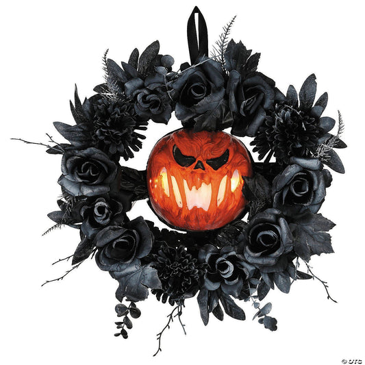 17" Jack Lantern Pumpkin Lighted Wreath Black Roses Halloween Door Decor Spirit