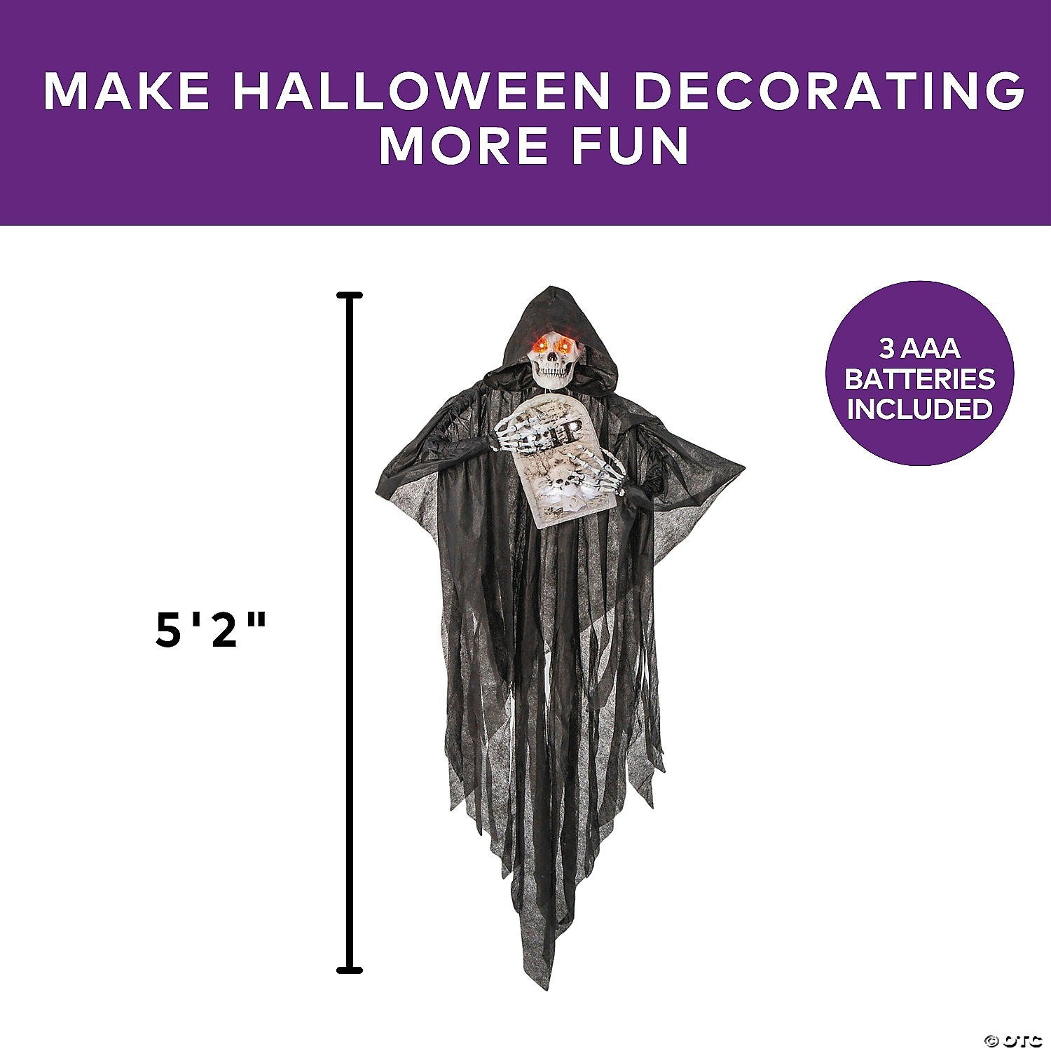 5.2 Ft Lighted Skeleton Reaper w Tombstone Outdoor Halloween Decoration Prop