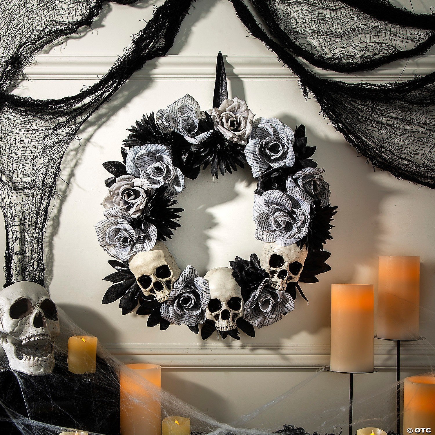 17" Skeleton Skulls & Roses Wreath Outdoor Halloween Door Home Porch Decoration