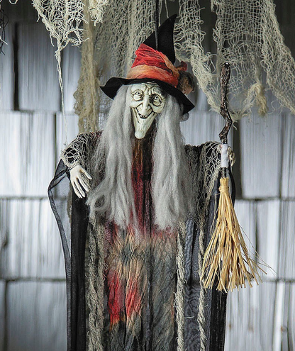 27" Hanging Witch with Broom Halloween Porch Home Decoration Haunt Prop Spirit