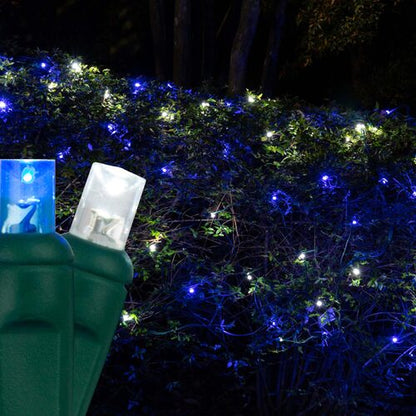 100 LED 5mm blue and white Christmas net lights on green wire in 10 colors
