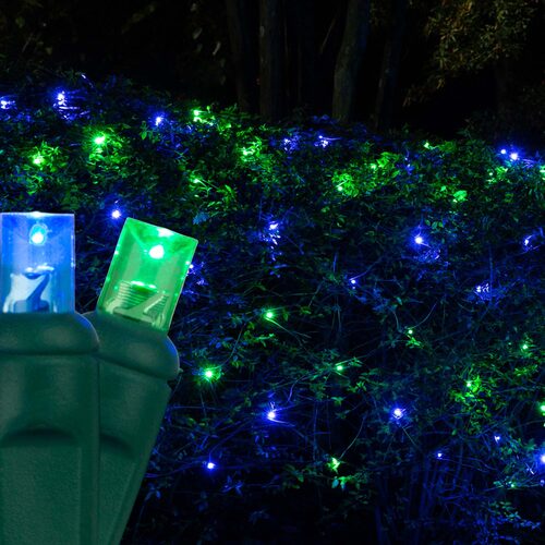 100 LED 5mm blue and green Christmas net lights on green wire in 10 colors