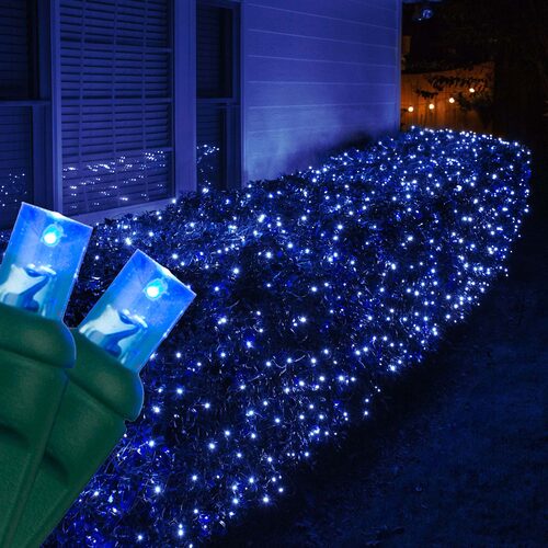 100 LED 5mm blue Christmas net lights on green wire in 10 colors