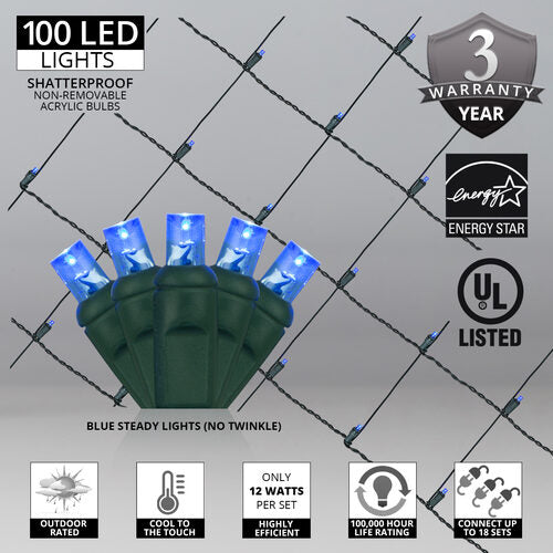 100 LED 5mm blue Christmas net lights on green wire in 10 colors