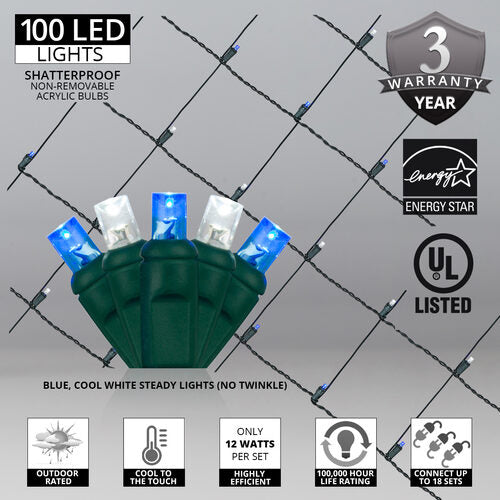 100 LED 5mm blue and white Christmas net lights on green wire in 10 colors