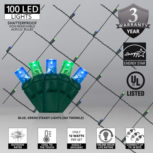 100 LED 5mm blue and green Christmas net lights on green wire in 10 colors