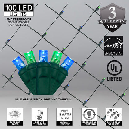 100 LED 5mm blue and green Christmas net lights on green wire in 10 colors