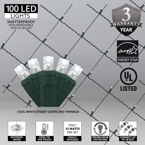100 LED 5mm cool white Christmas net lights on green wire in 10 colors