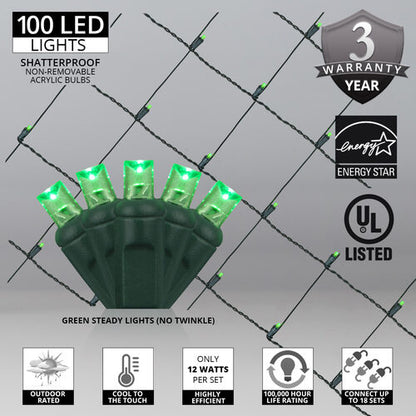 100 LED 5mm green Christmas net lights on green wire in 10 colors