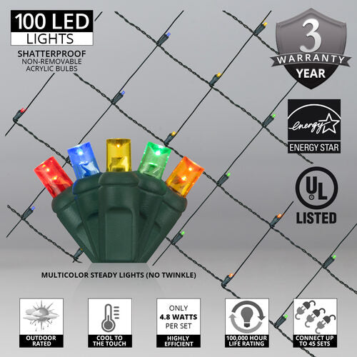 100 LED 5mm multicolor Christmas net lights on green wire in 10 colors