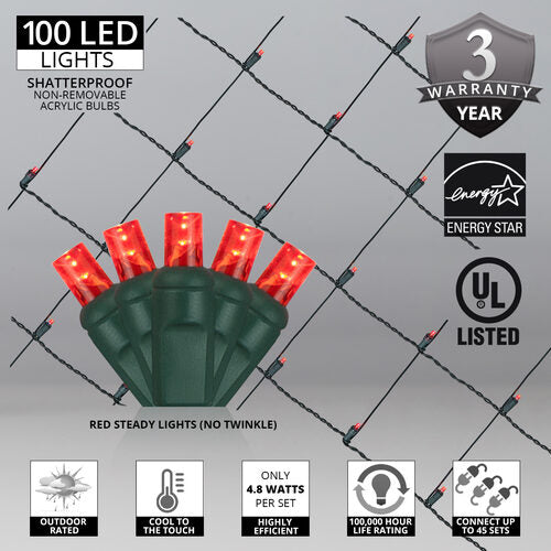 100 LED 5mm red Christmas net lights on green wire in 10 colors