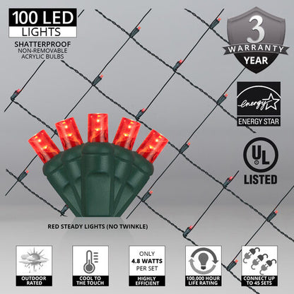 100 LED 5mm red Christmas net lights on green wire in 10 colors